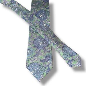 Breuer Blue & Green Paisley Silk & Linen Handmade in Italy Neck Tie